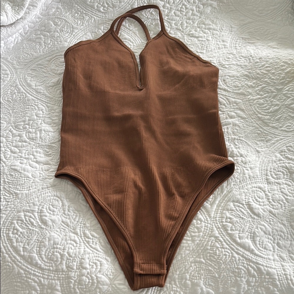 Brown Bodysuit with V-Neckline and Spaghetti Straps